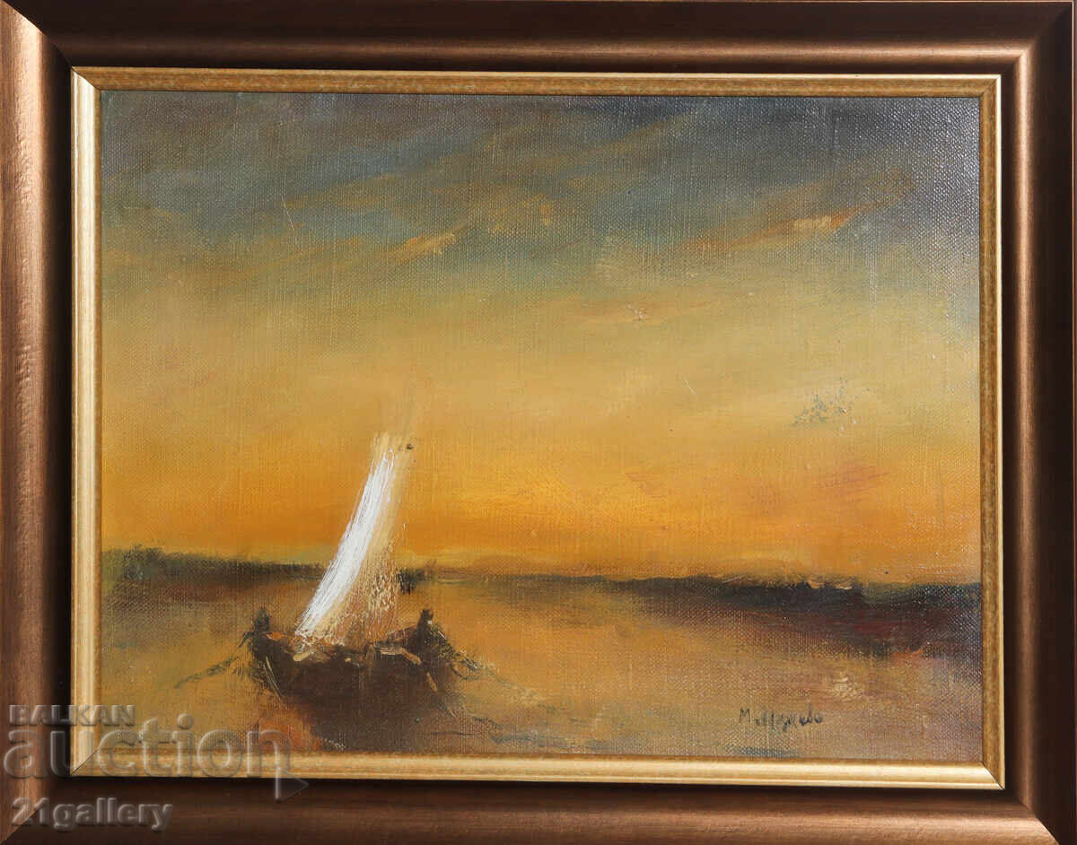 Licitație M. Nedkova / Peisaj marin cu o barcă, vopsele în ulei, semnat Licitație M. Nedkova / Peisaj marin cu o barcă, vopsele în ulei, semnat