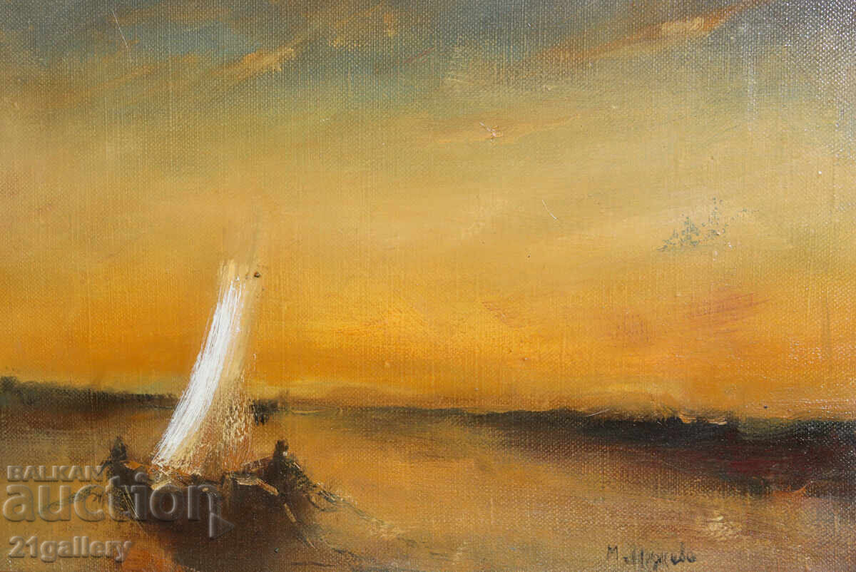 M. Nedkova / Peisaj marin cu o barcă, vopsele în ulei, semnat - 5 M. Nedkova / Peisaj marin cu o barcă, vopsele în ulei, semnat - 5