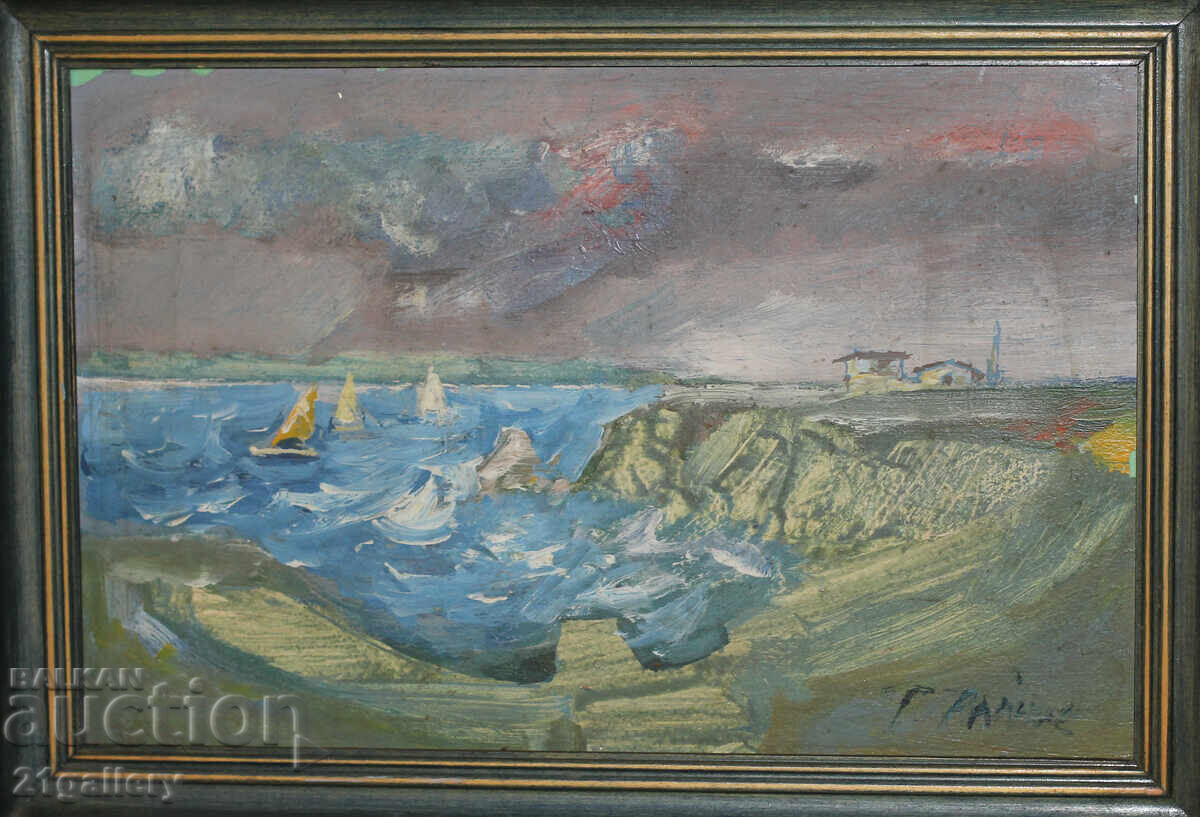 Oil painting, landscape with boats, signed with price 200.00 BGN | € 102.26