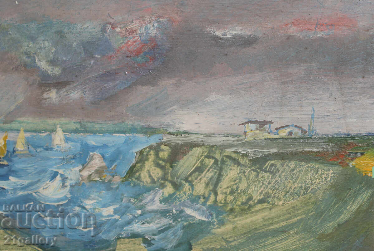 Oil painting, landscape with boats, signed - 5