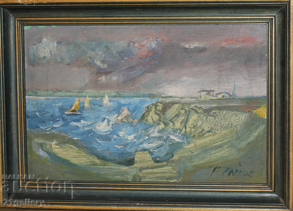 Oil painting, landscape with boats, signed