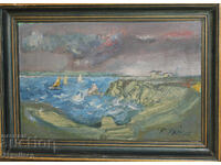 Oil painting, landscape with boats, signed