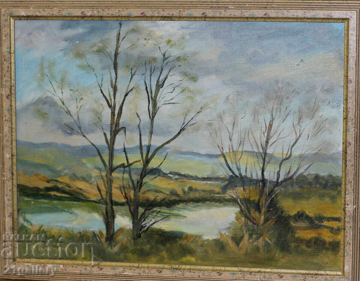 Oil painting, river landscape, signed with price 200.00 BGN | € 102.26 Oil painting, river landscape, signed with price 200.00 BGN | € 102.26