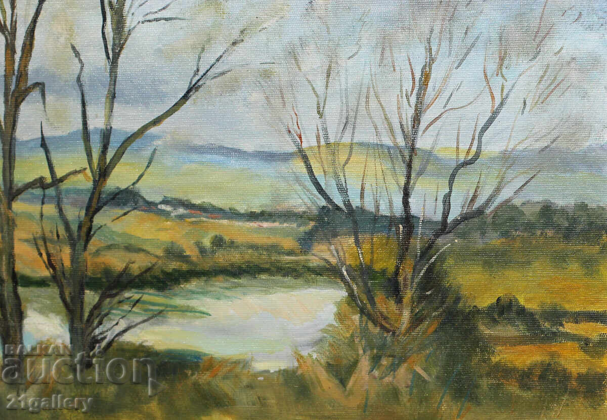 Oil painting, river landscape, signed - 5 Oil painting, river landscape, signed - 5