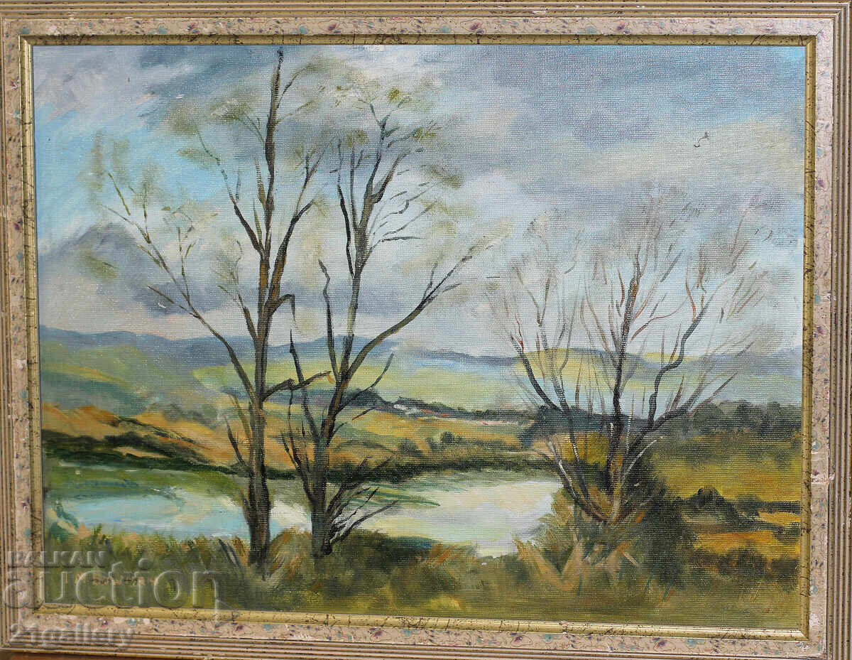 Oil painting, river landscape, signed Oil painting, river landscape, signed