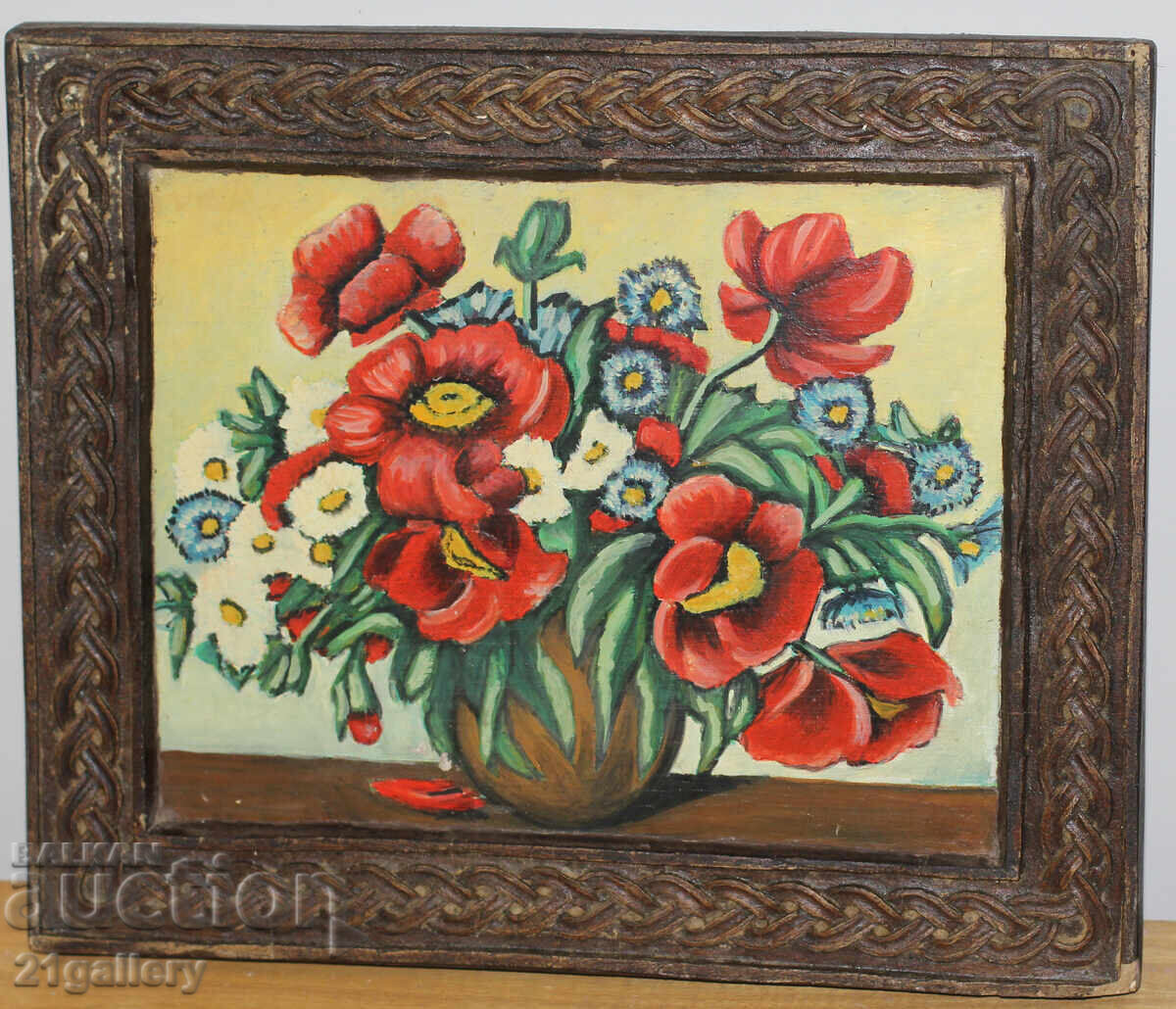 Auction Painting/wood carving, vase with flowers, painted wood Auction Painting/wood carving, vase with flowers, painted wood