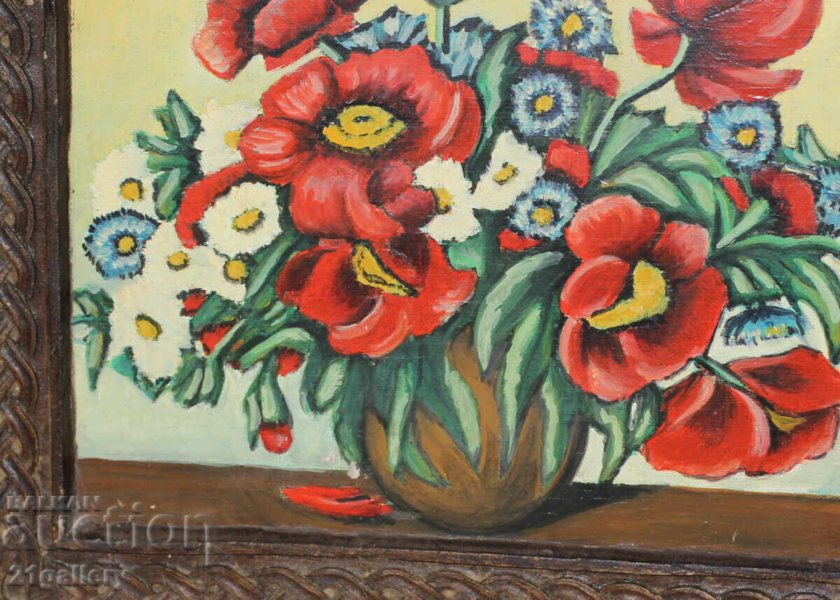 Delivery of Painting/wood carving, vase with flowers, painted wood Delivery of Painting/wood carving, vase with flowers, painted wood