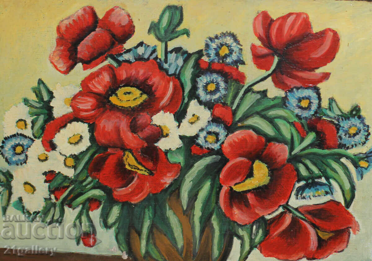 Painting/wood carving, vase with flowers, painted wood - 5 Painting/wood carving, vase with flowers, painted wood - 5