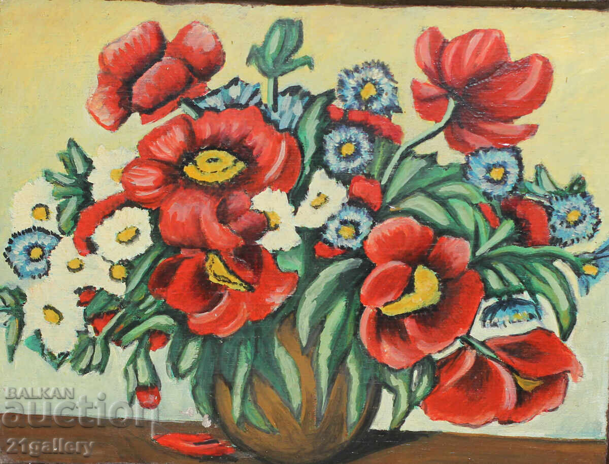 Painting/wood carving, vase with flowers, painted wood - 6 Painting/wood carving, vase with flowers, painted wood - 6