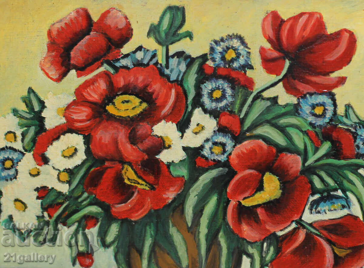 Painting/wood carving, vase with flowers, painted wood - 7 Painting/wood carving, vase with flowers, painted wood - 7