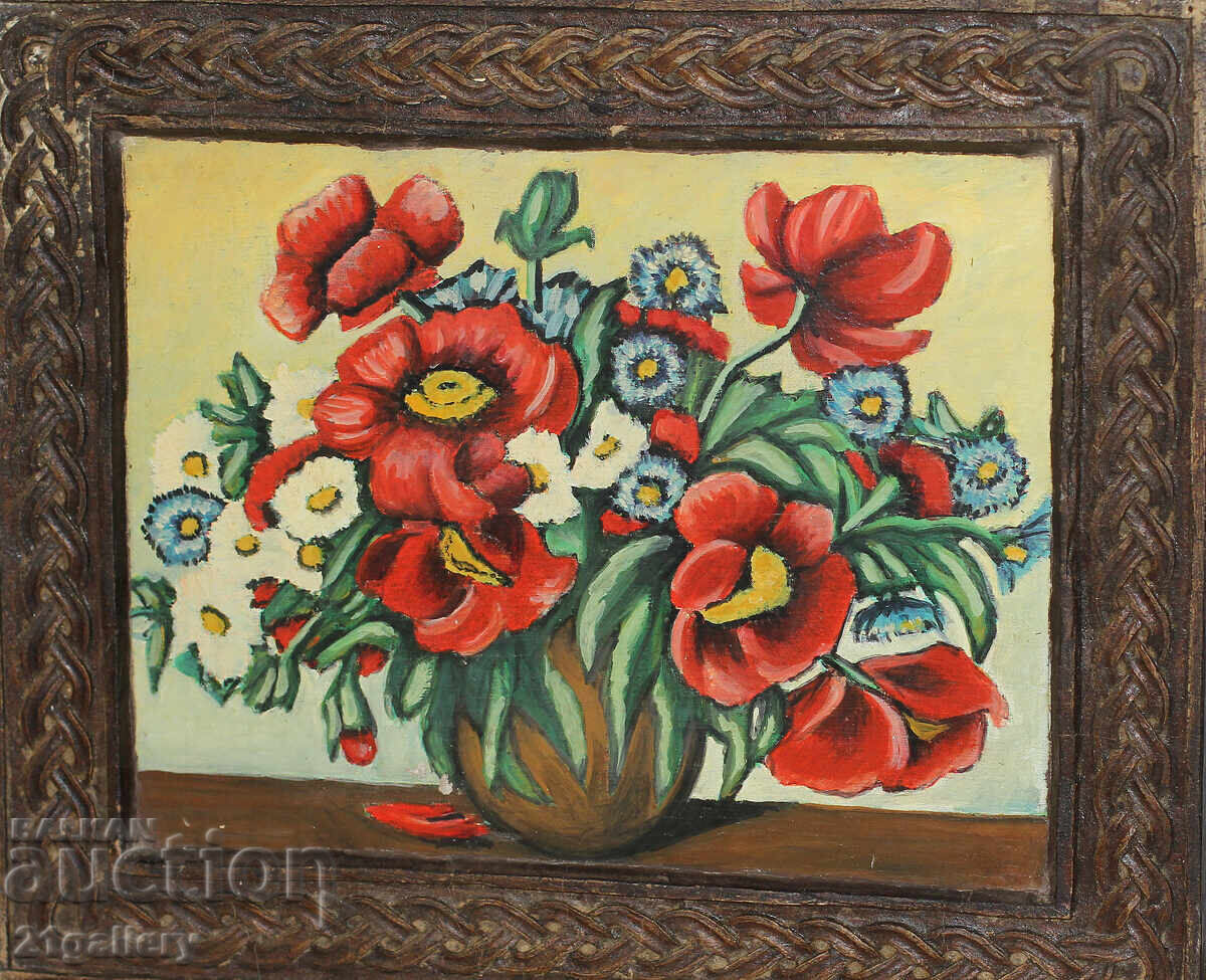 Painting/wood carving, vase with flowers, painted wood Painting/wood carving, vase with flowers, painted wood