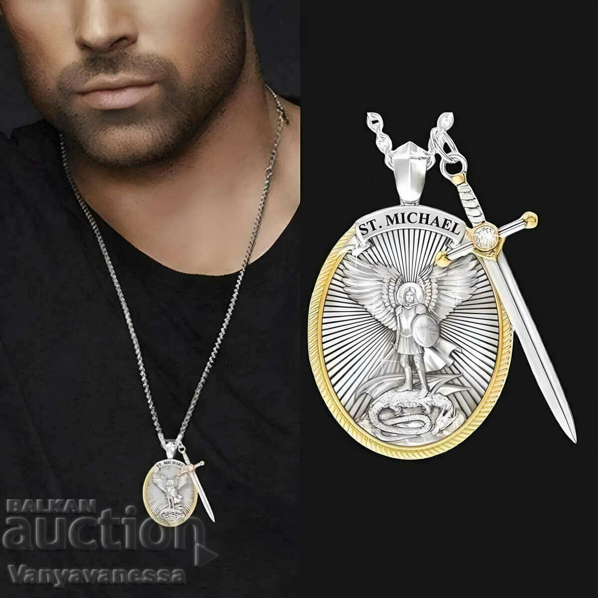 552 Archangel Michael with sword necklace in silver men's jewelry with price 20.00 BGN | € 10.23 552 Archangel Michael with sword necklace in silver men's jewelry with price 20.00 BGN | € 10.23