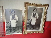 2 Old PHOTOS of a BULGARIAN WOMAN in a RARE FOLK COSTUME with BOWLS