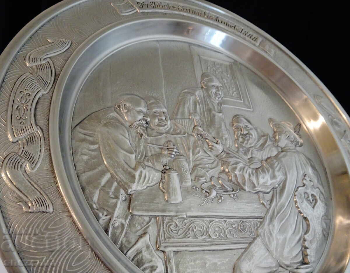 Delivery of Pewter panel, painting Fröhliche Stammtischrunde by Grützner