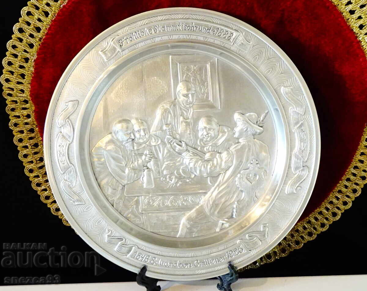 Pewter panel, painting Fröhliche Stammtischrunde by Grützner