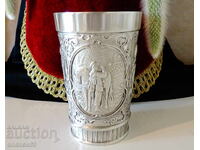 Mug, pewter cup with hunting scenes, God Dionysus.