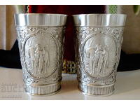 Mugs, pewter cups with hunting scenes, God Dionysus.