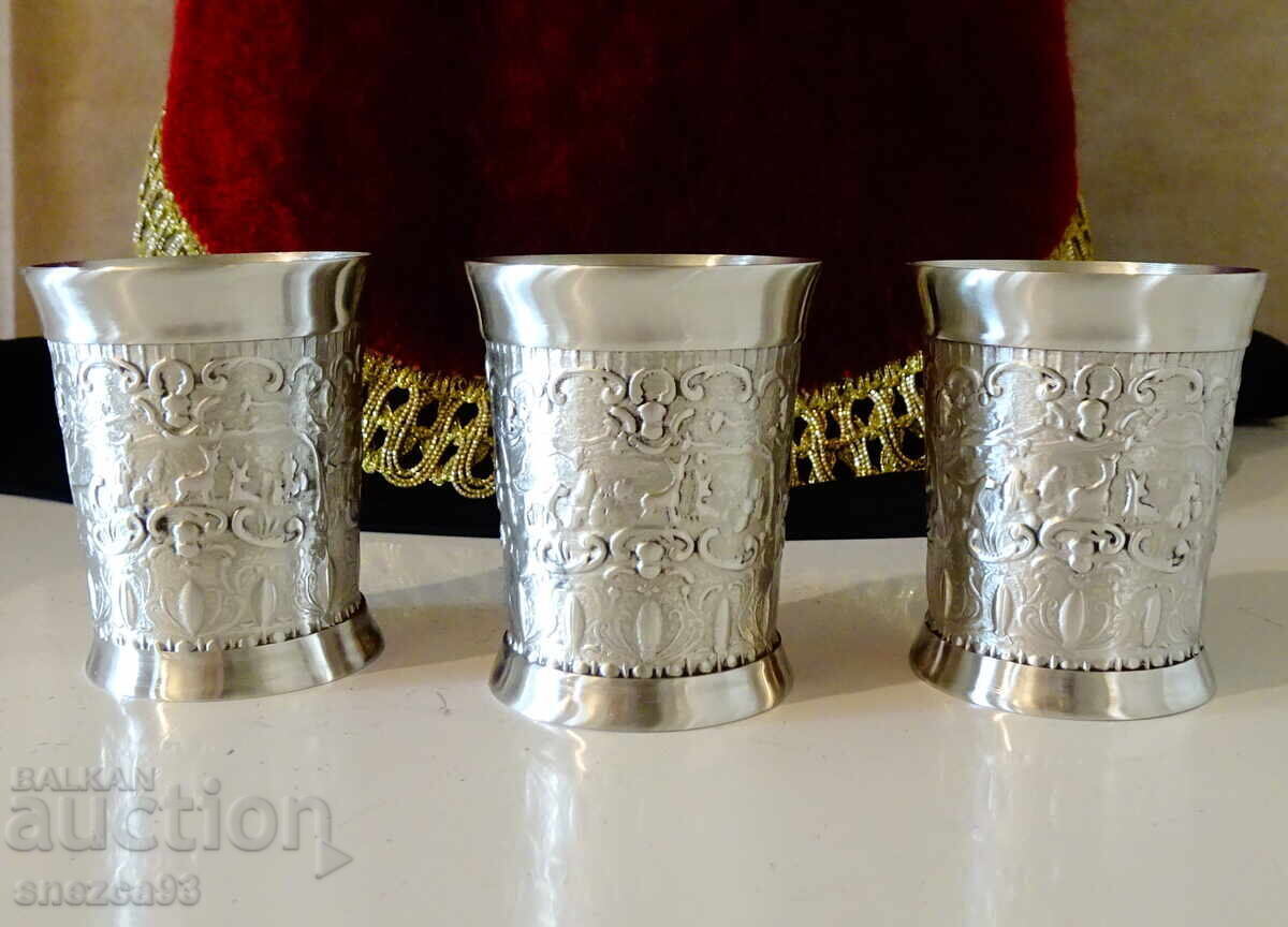 Three pewter cups with hunting scene, Dionysus, Renaissance Three pewter cups with hunting scene, Dionysus, Renaissance