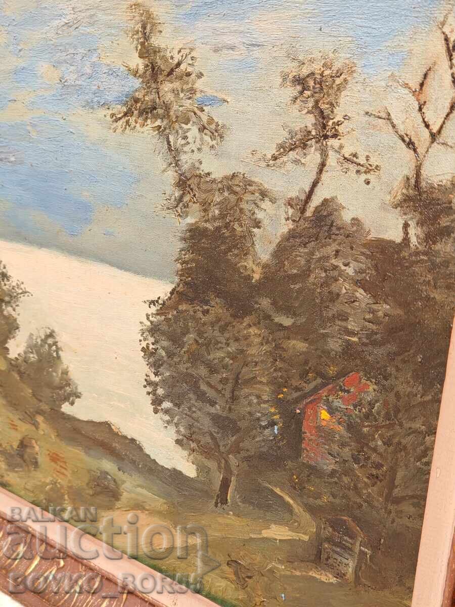 Auction Antique Large Landscape Painting Oil Paints, Cardboard from the 1930s Auction Antique Large Landscape Painting Oil Paints, Cardboard from the 1930s