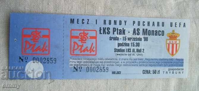 Bilet de fotbal - LKS Ptak-AS Monaco, 1998 Bilet de fotbal - LKS Ptak-AS Monaco, 1998