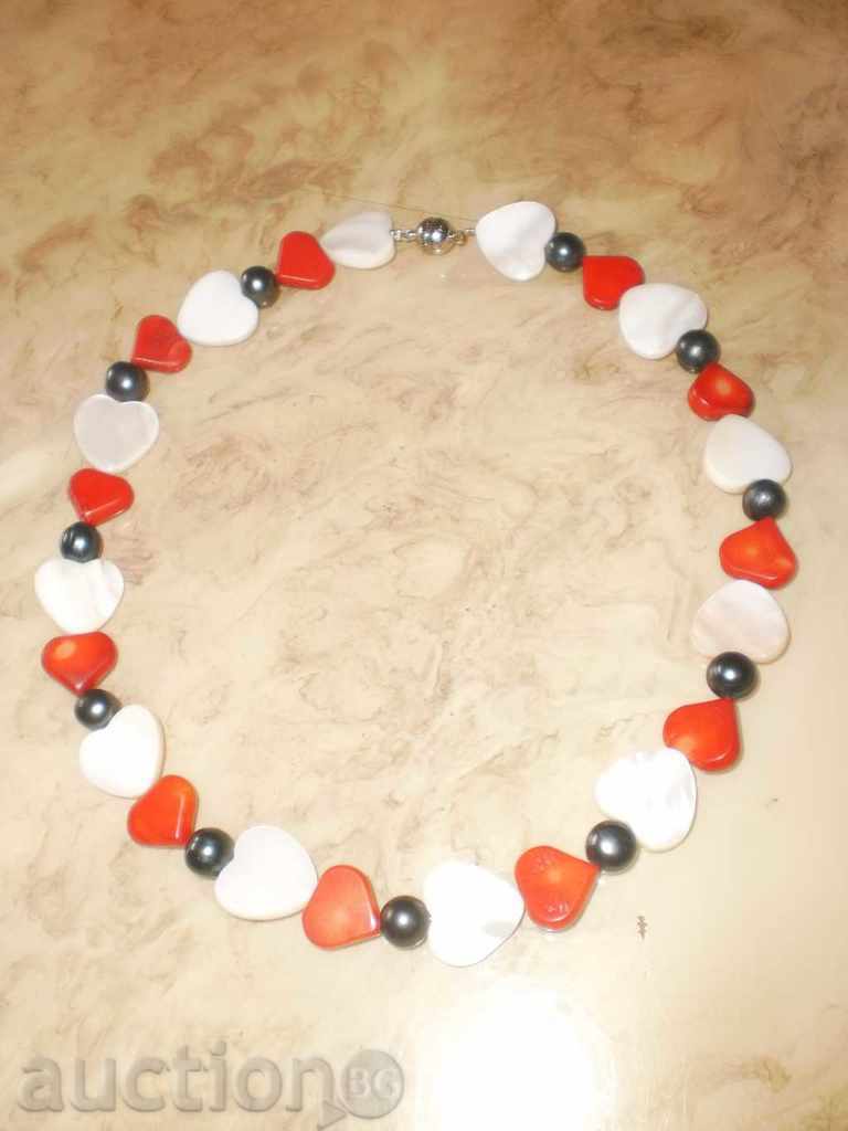 Heart-shaped red coral and mother-of-pearl necklace with pearls with price 34.00 BGN | € 17.38 Heart-shaped red coral and mother-of-pearl necklace with pearls with price 34.00 BGN | € 17.38