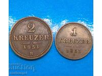 2 Kreuzers + 1 Kreuzer 1851 Austria B - Kremnitz 16.3g total