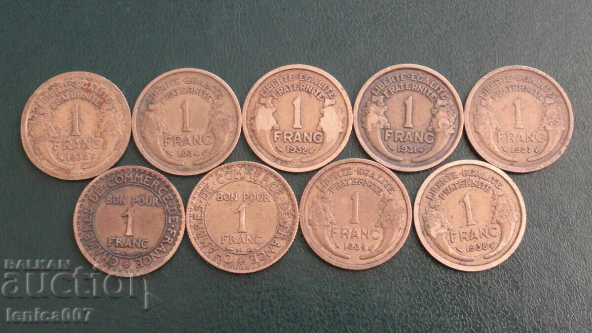 France 1922-39 - 1 franc (9 pieces) with price 9.40 BGN | € 4.81 France 1922-39 - 1 franc (9 pieces) with price 9.40 BGN | € 4.81