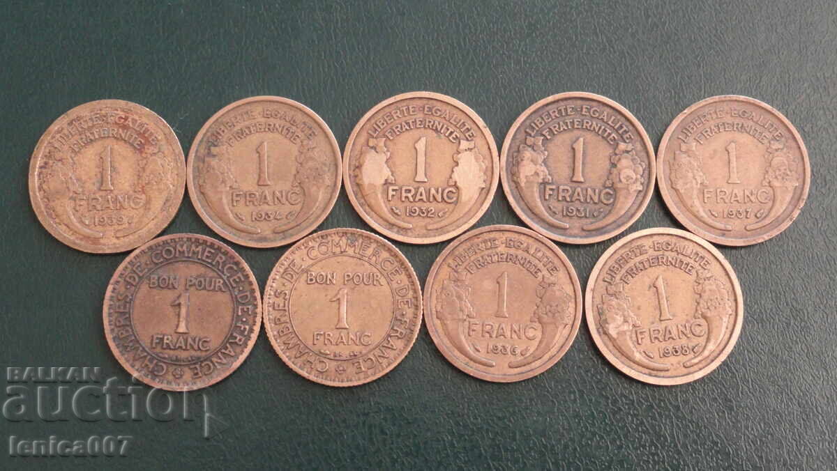 Delivery of France 1922-39 - 1 franc (9 pieces) Delivery of France 1922-39 - 1 franc (9 pieces)