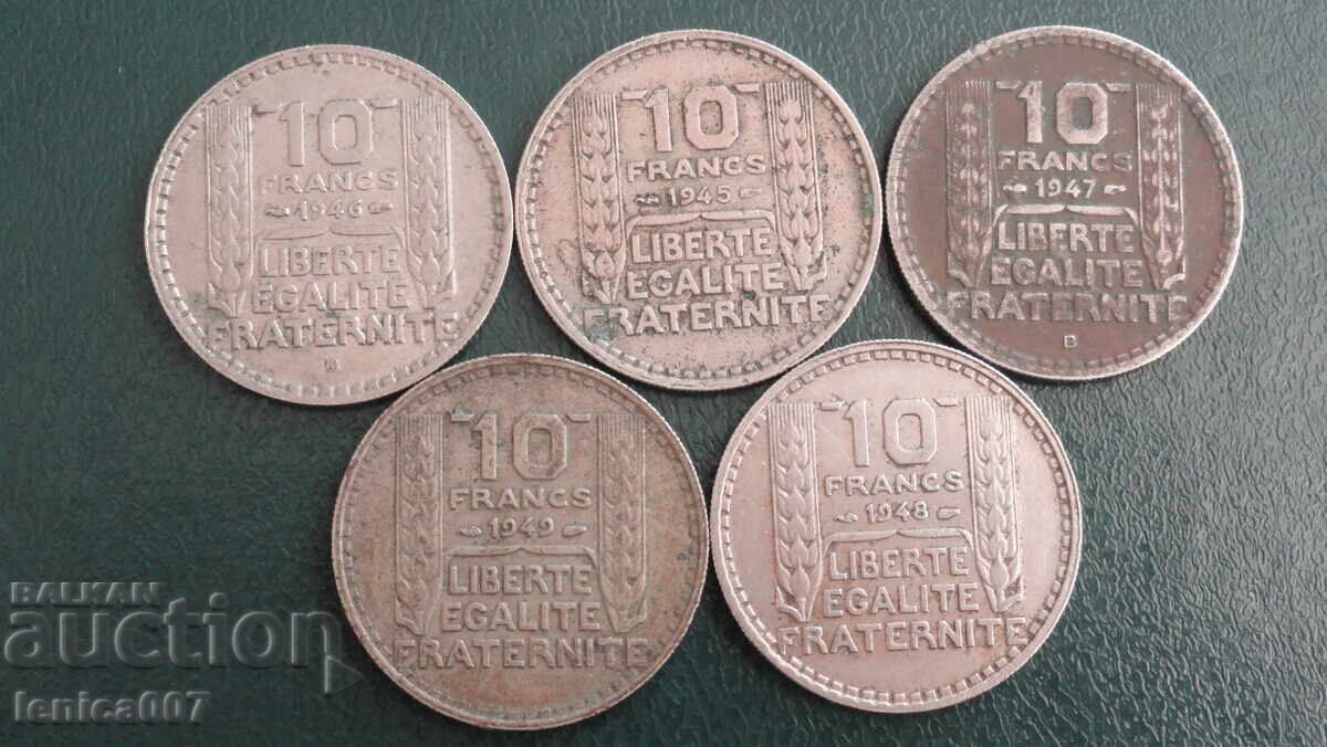 Delivery of France 1945-49 - 10 francs (5 pieces) Delivery of France 1945-49 - 10 francs (5 pieces)