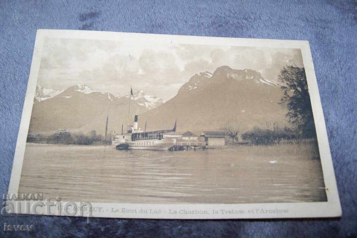 Delivery of Old postcard with a steamboat on Lake Annecy in France, 1913.