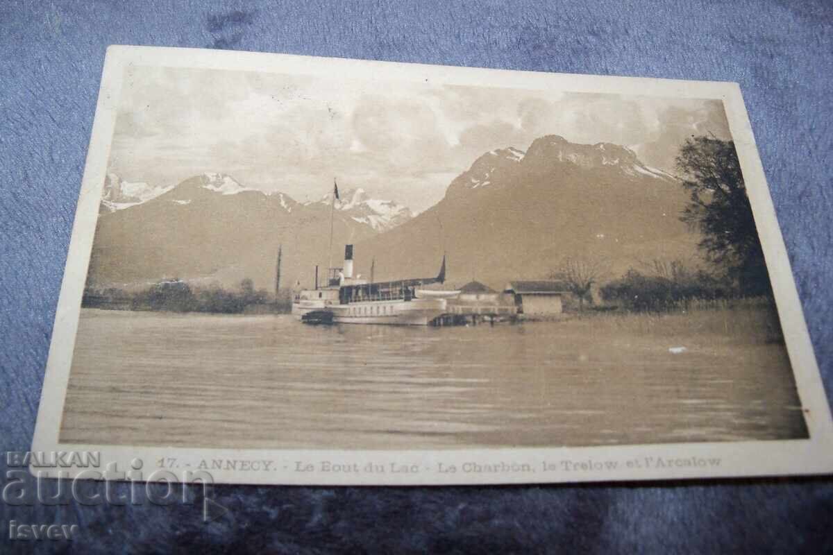 Old postcard with a steamboat on Lake Annecy in France, 1913. - 5