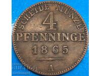 4 pfennig 1865 Prusia Germania Cupru mare