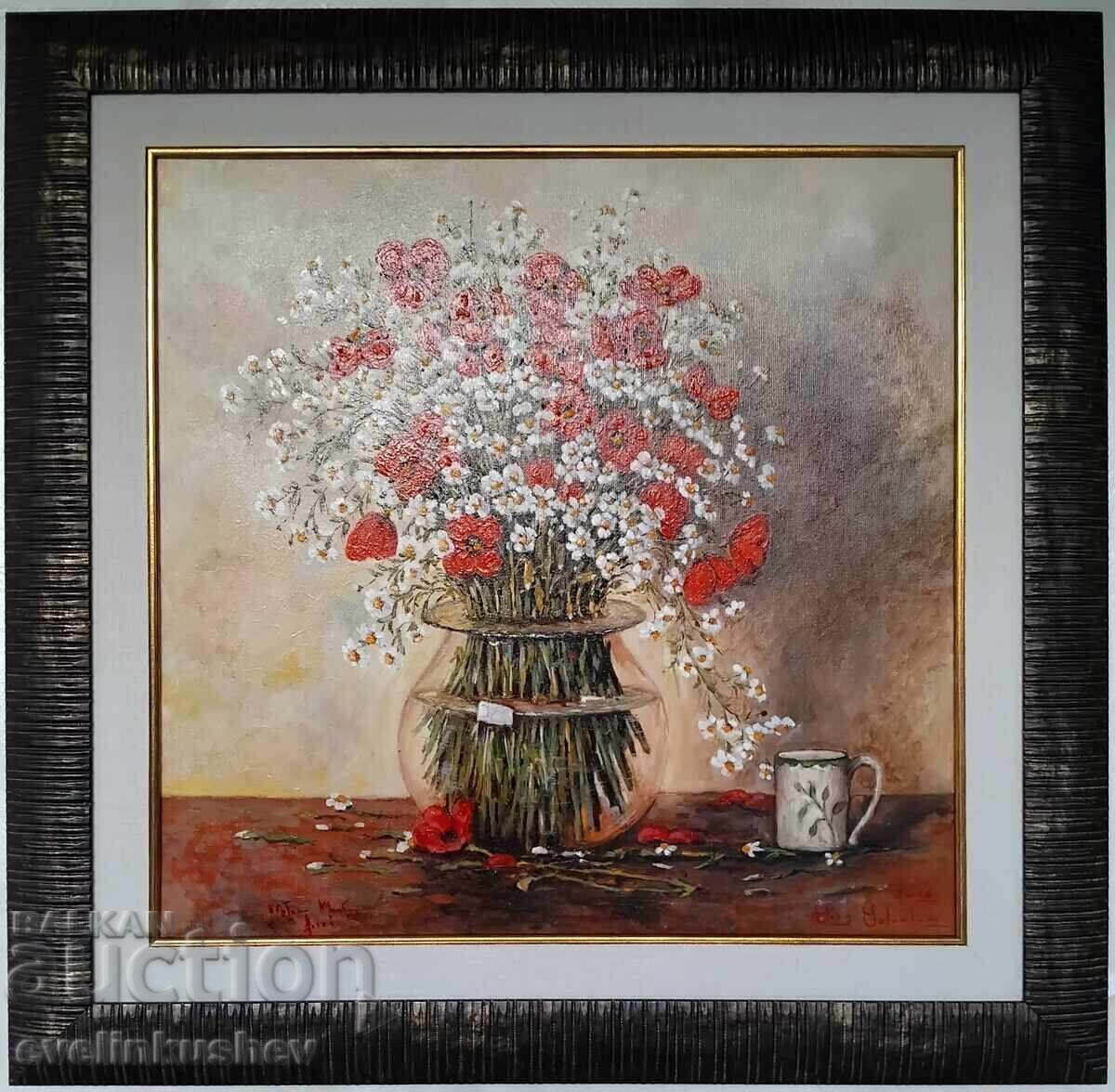 Oil painting "Vase with white and red flowers" with price 3750.00 BGN | € 1917.34 Oil painting "Vase with white and red flowers" with price 3750.00 BGN | € 1917.34