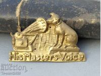 Old small brass plate,,His Master Voice, from a gramophone