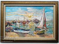 Oil painting "Boats on the Beach", signed, dated