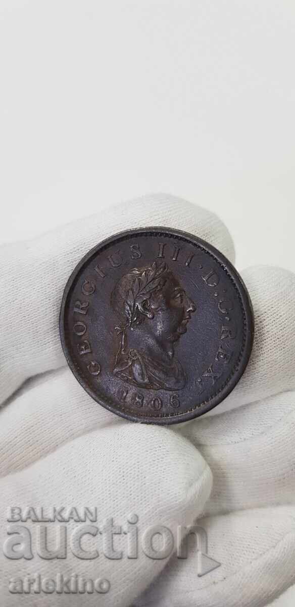 Auction Rare Copper 1 Penny Coin 1806 - England GEORGIUS III Auction Rare Copper 1 Penny Coin 1806 - England GEORGIUS III