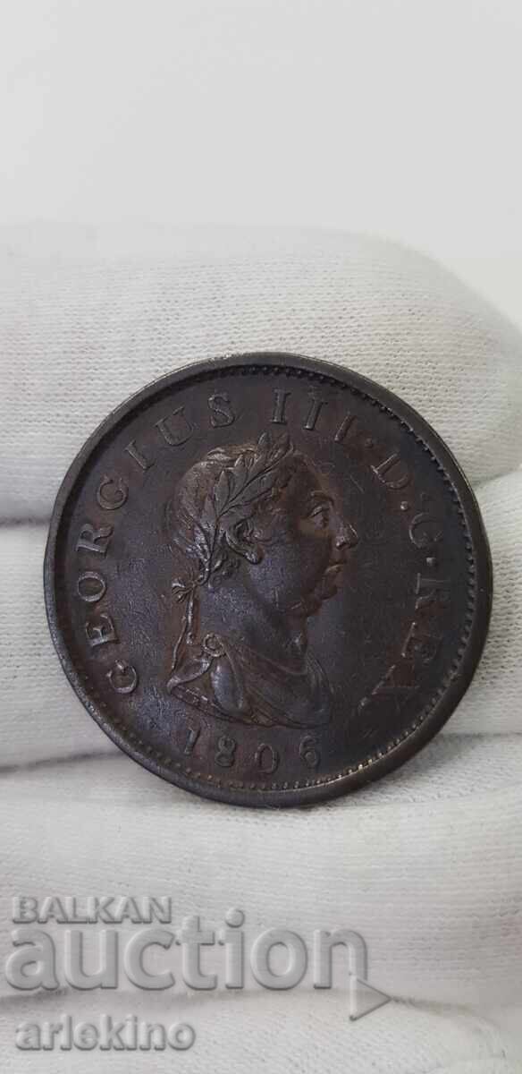 Monedă rară de cupru de 1 penny 1806 - Anglia GEORGIUS III