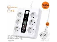 Разклонител  6 контакта, 5 USB+1 C конектор, 220V, 3000W,