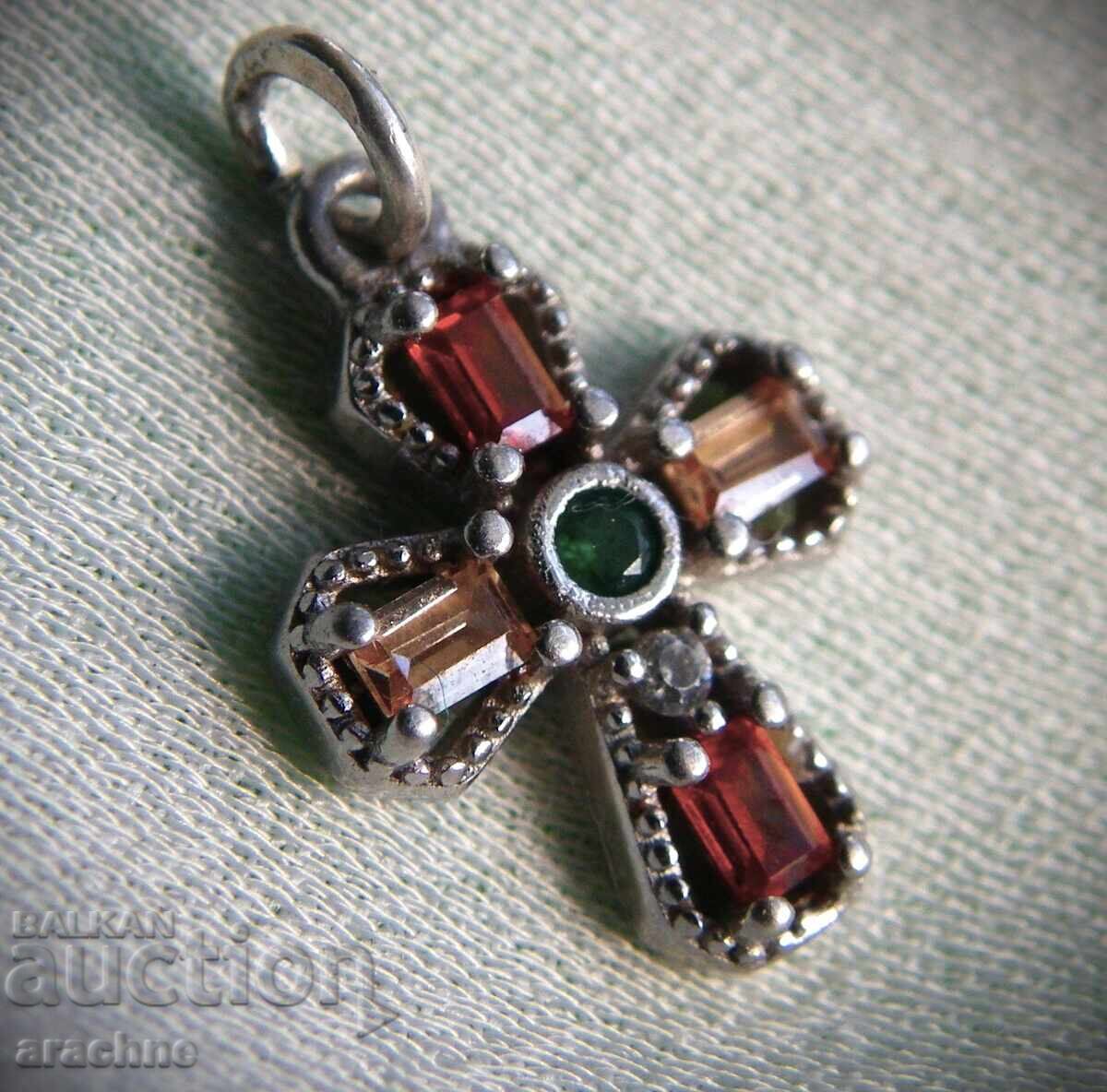 Auction Silver cross with 3 types of beryl - emerald, heliotrope and morganite Auction Silver cross with 3 types of beryl - emerald, heliotrope and morganite