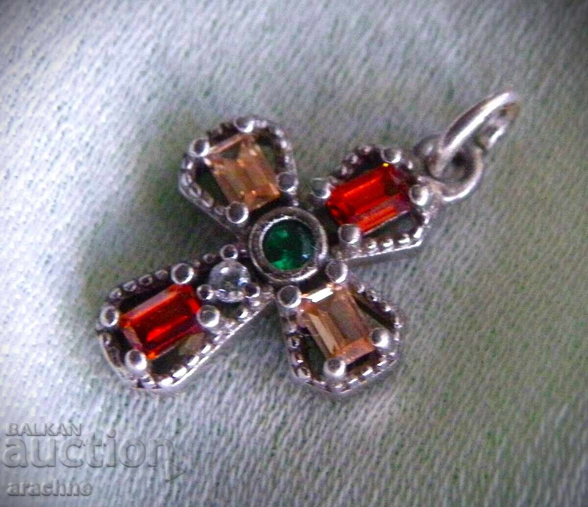 Silver cross with 3 types of beryl - emerald, heliotrope and morganite - 5 Silver cross with 3 types of beryl - emerald, heliotrope and morganite - 5