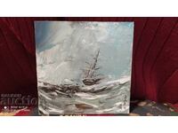 Oil painting on primed MDF signature ship in a stormy sea