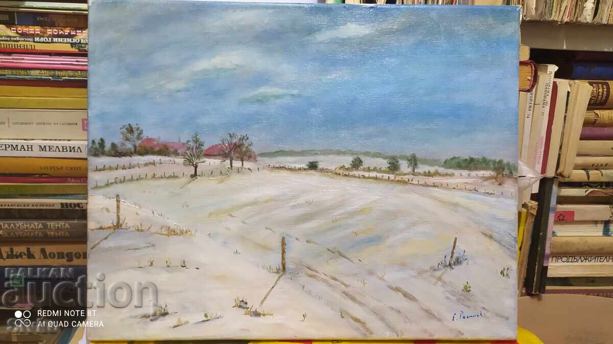 Oil painting on canvas Winter morning in the village
