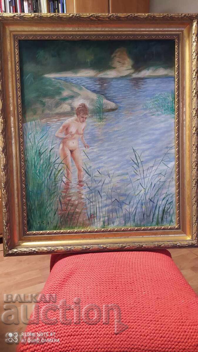 Oil painting on canvas Girl bathing in the lake Oil painting on canvas Girl bathing in the lake
