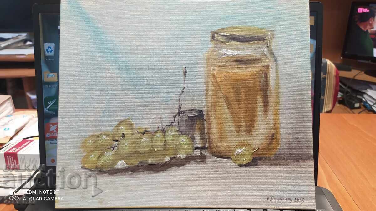 Pictură în ulei pe pânză, miere și struguri