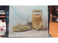 Painting oil canvas honey and grapes