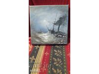 Oil painting canvas signature stormy sea ships