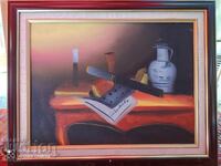 Painting oil canvas table books candle vase