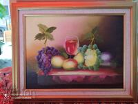 Painting oil canvas fruit and wine