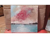 Oil painting canvas flotilla of ships at sea 20/20 cm