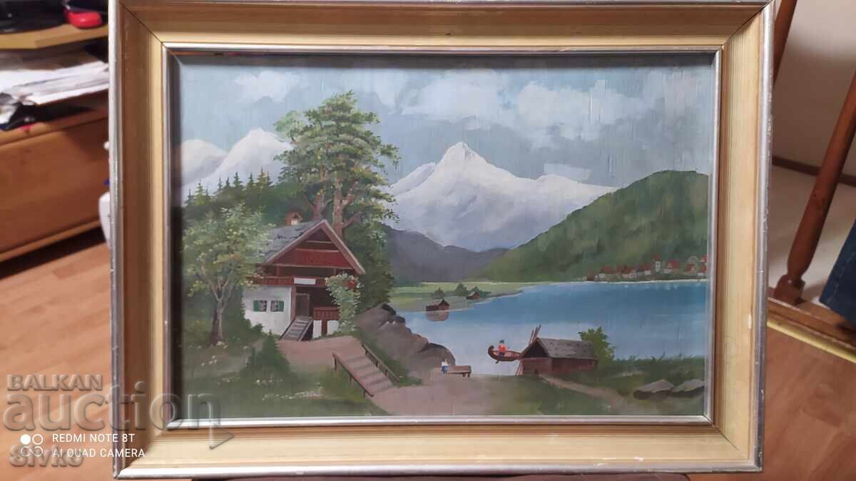 Κόντρα πλακέ ελαιογραφία Σπίτι στην όχθη της λίμνης Κόντρα πλακέ ελαιογραφία Σπίτι στην όχθη της λίμνης